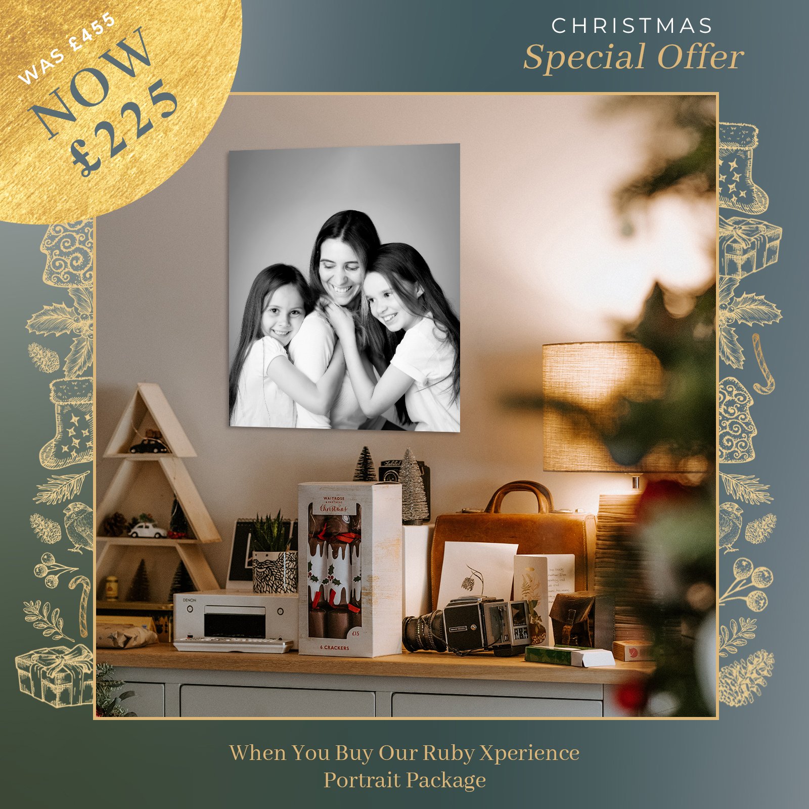 Elegant black and white portrait of mother and daughters, captured by Scottish Borders Wedding Photographer.