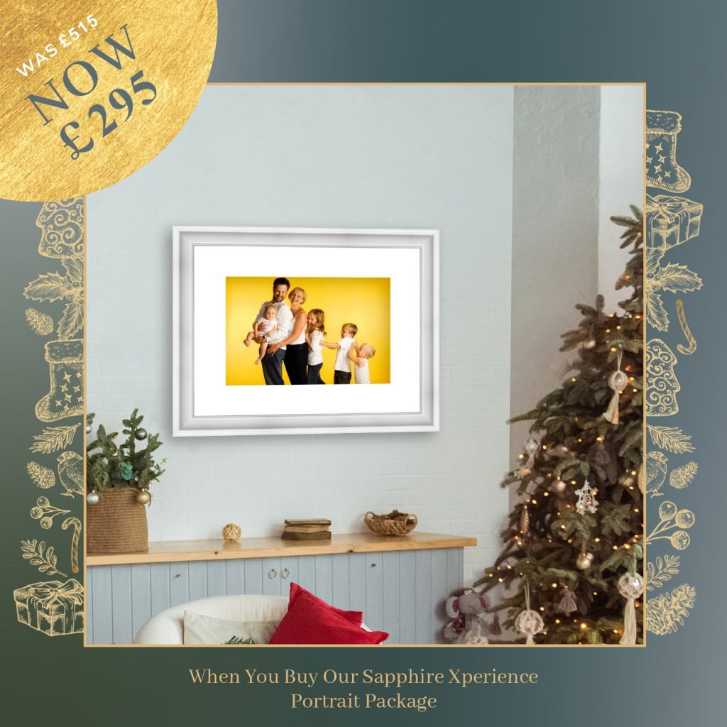 Family portrait displayed in a modern home with Christmas decor.
